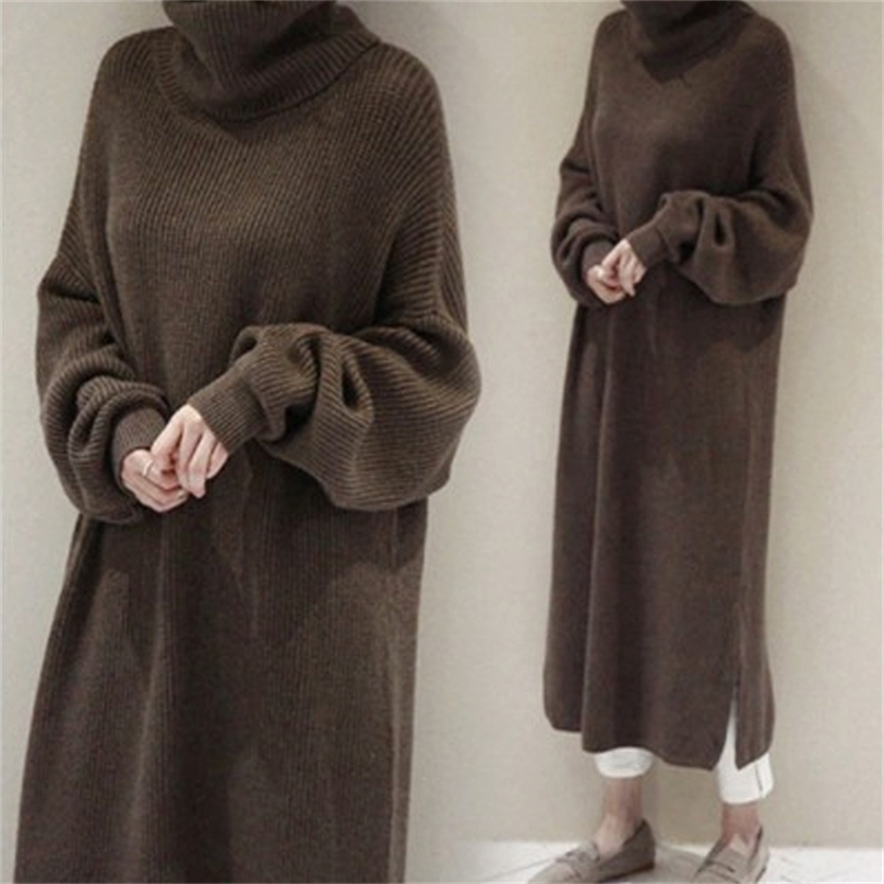 Oversize Autumn Winter Knitted Dress Women Turtleneck Long Sleeve Warm Sweater Dress Casual Solid Loose Dress Robe Femme Vestido 201110