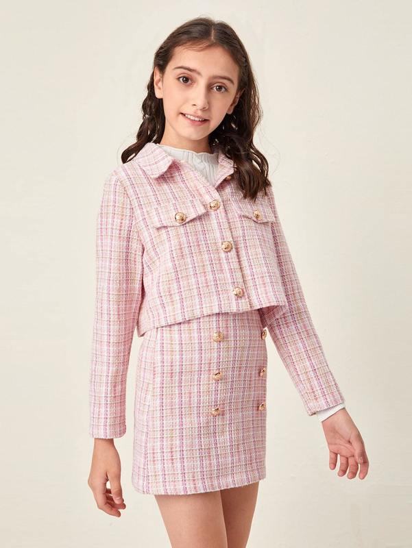 Girls Gold Button Detail Tweed Jacket & Skirt Set SHE