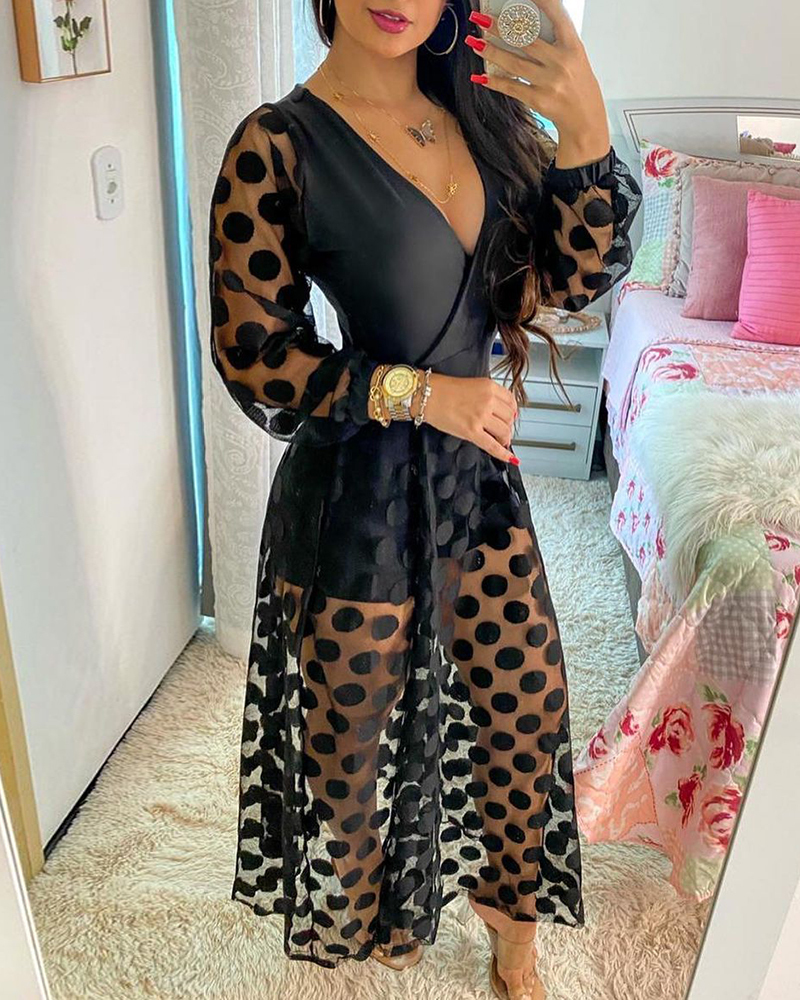 Women's Clothing Spring Polkadot Print Wrap Long Sleeve Maxi Dress See Through Party Wedding Formal Elegant Boho V Neck 220510
