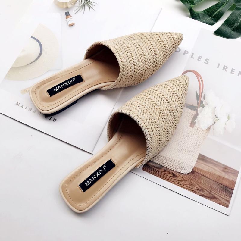 Slippers Women's Summer Solid Toe-covered Slipper Fashion Pointed Woven Breathable Lazy Flat Sandals Women Mule Slides Shoes