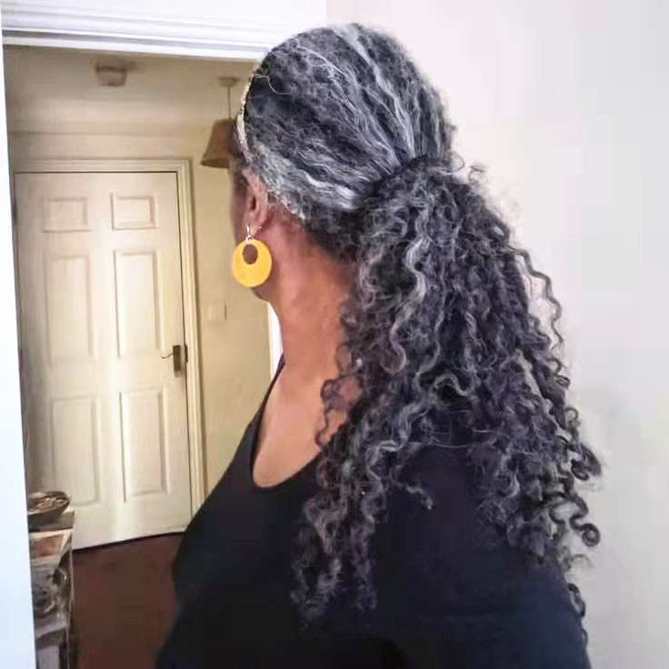 Salt and pepper gray lock braids ponytail silver grey coily curly brazilian hair drawstring ponytail clip in salt& pepper braids crinkle curls free sh