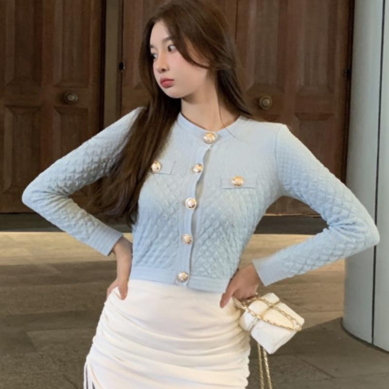 

Women's Knits & Tees Spring Autumn Small Fragrance Casual Long Sleeve Knitted Sweater Cardigan Women Korean Chic Button Thin Crop Top Pull F, White