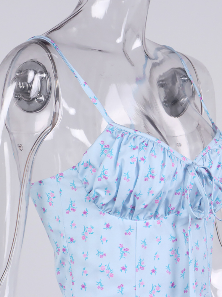 Asia Floral Summer Dress Women Spaghetti Strap Drawstring Ruched A-line Midi Dress Beach Vacation Casual Clothing 220511