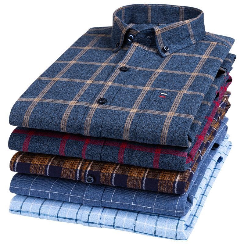 S-7XL Plus Size Pure Cotton Brushed Plaid/Striped Men's Top Button Collar Long Sleeve Casual Shirt 220322