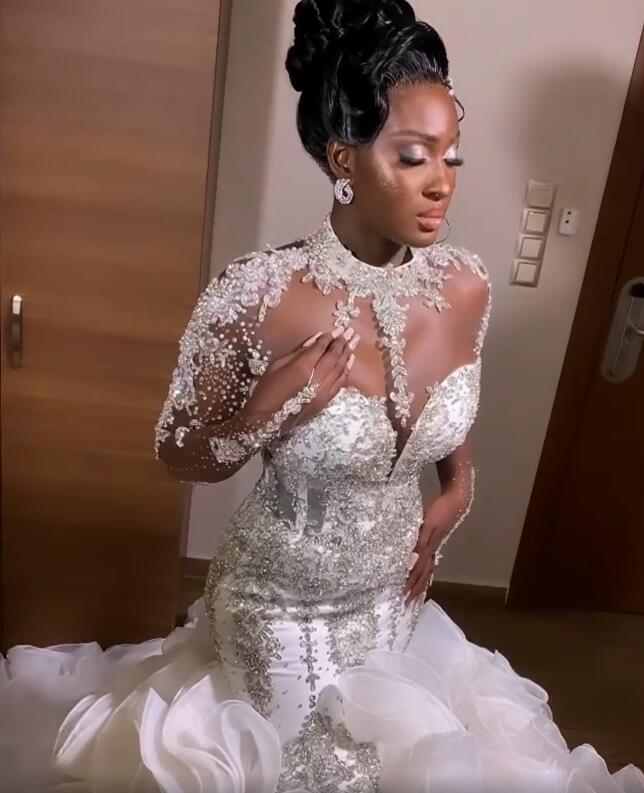 2022 Plus Size Arabic Aso Ebi Luxurious Beaded Crystals Wedding Dress Sheer Neck Organza Tiers Bridal Gowns Dresses ZJ662