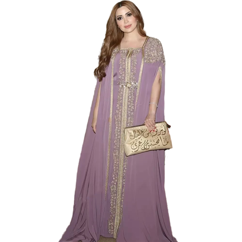 Elegant Moroccan Kaftan Formal Evening Dresses Cape Sleeve Bead 2022 Gold Embroidery Lace Appliques Arabic Muslim Women Long Prom Gowns Light Purple O