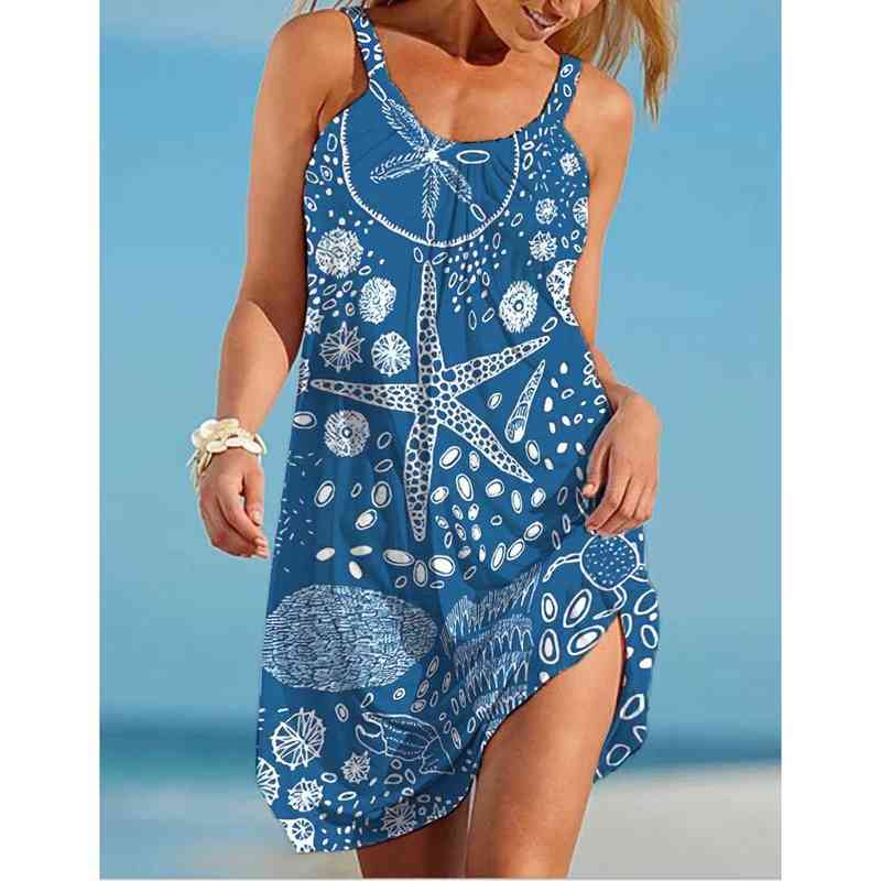 Sea World Starfish Print Dress Women's Fashion Summer Strap Beach Dress Bohemian Sleeveless Party Dresses Elegant Sundress Hem G220510