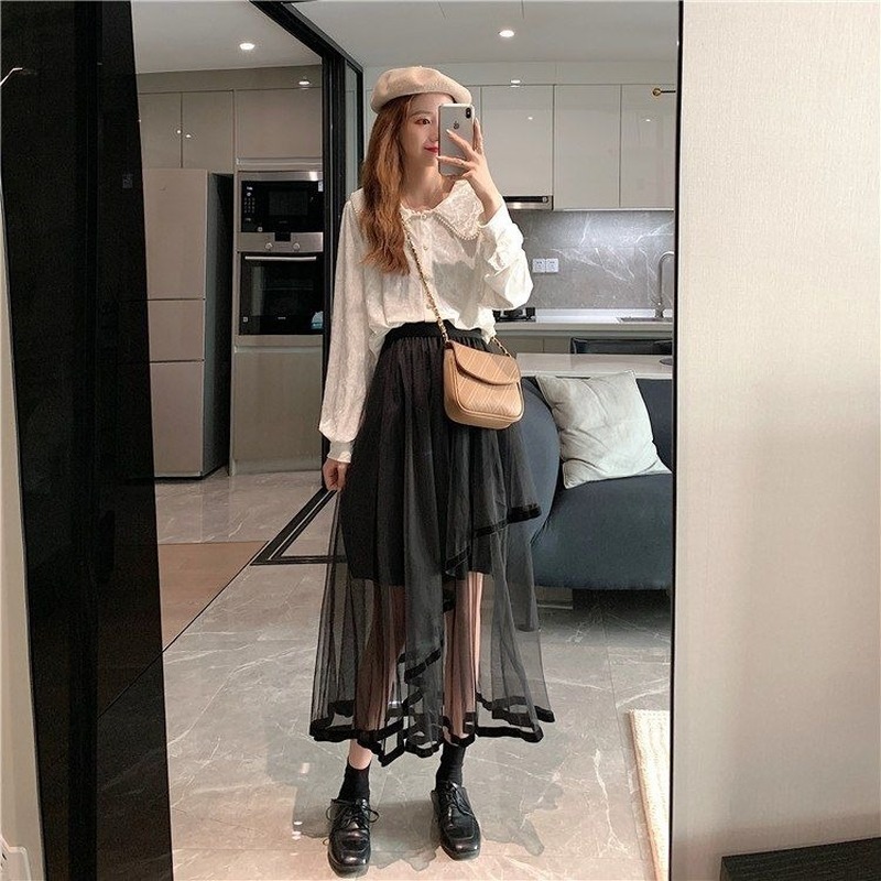 Skirts Women Solid Korean Style Asymmetrical Mesh Fashion Spring Sweet Students Cozy Loose Hipster Casual Allmatch High Waist 220701