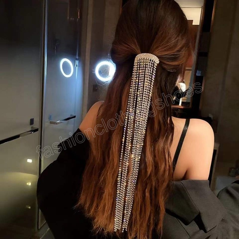 Full Rhinestone Barrettes Hairpins for Women Long Tassel Crystal Hair Clip Hair Accessories Wedding Jewelry