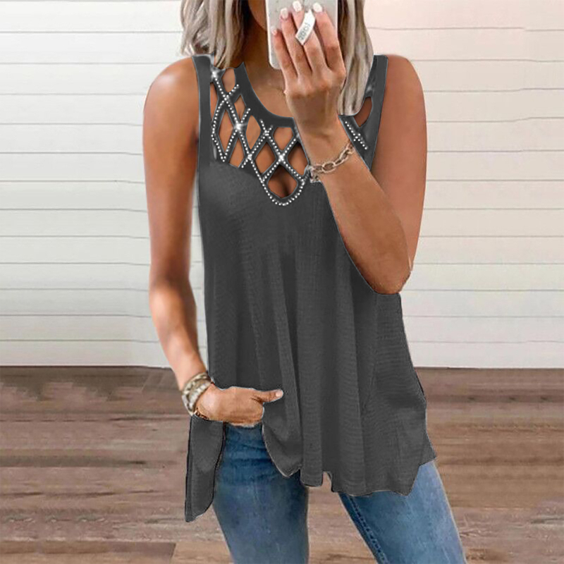 Fashion Women Summer Vest T-Shirt Loose Sleeveless Solid Color Hollow Out Drilling Tank Tops Plus Size 220316