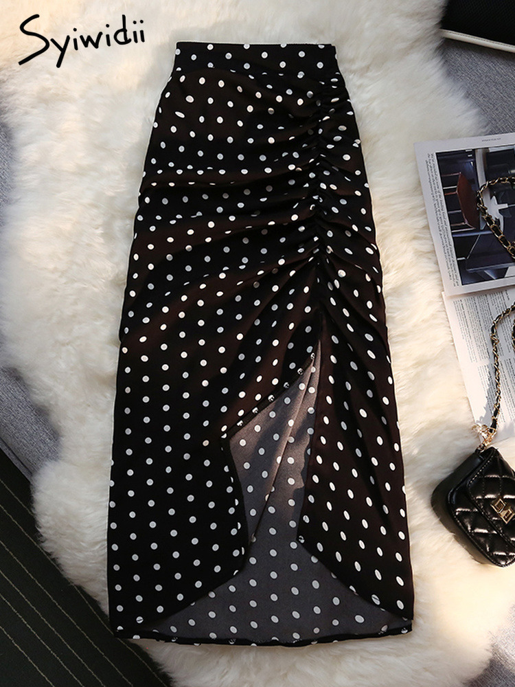 Syiwidii Shirring Side Slit Womens Skirts Polka Dot Print White High Waist Back Elastic Band Elegant Ladies Midi Long Skirt 220701