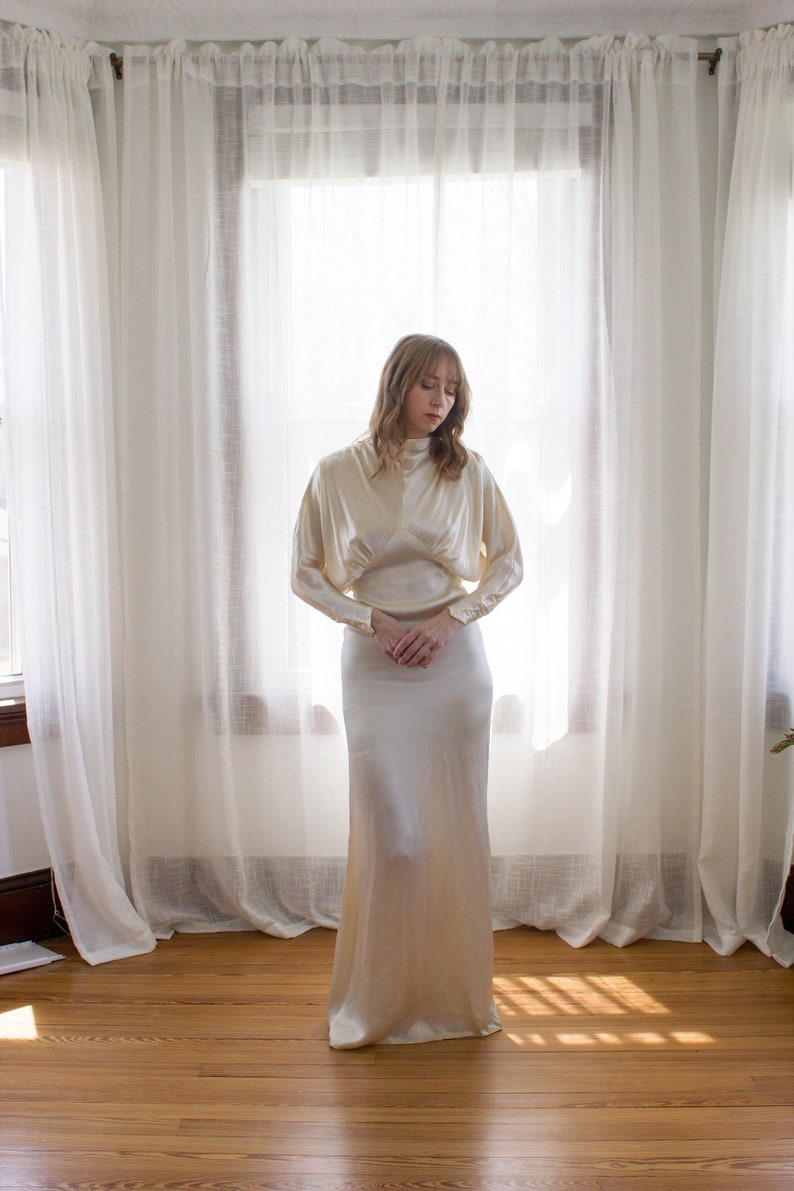 Vintage 1930's Wedding Dress with Dolman sleeves bias cut art deco Silk Crepe Long Sleeve Mermaid Country Bridal Gown