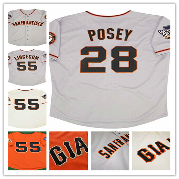 

Retro 2010 San Francisco SF World Series Baseball Jersey 55 Tim Lincecum 28 Buster Posey 38 Brian Wilson 48 Pablo Sandoval 8 Hunter Pence Madison Bumgarner Barry Bonds, Man grey with name