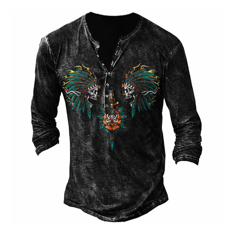 Bababuy Spring Mens Oversized Loose Tops Vintage Long Sleeve Shirts Punk Style 66 Printed V Collar 220714