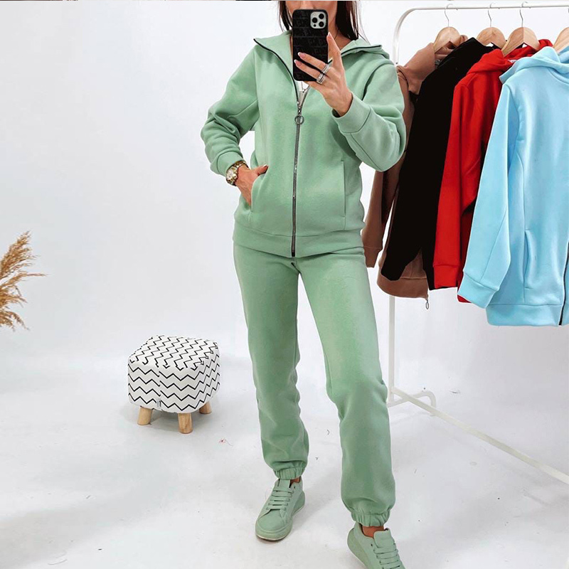 Casual Women Hoodie Two Piece Sets Zipper Hooded Jacket And Pencil Pant Warm Suits Autumn Winter Fashion Streetwear Tracksuits 220315