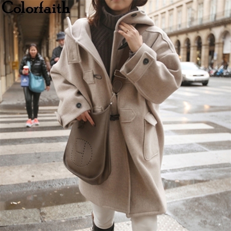 Colorfaith Women's Autumn Winter Hooded Jackets, Warm Preppy Style Long Coat, Elegant Casual Outwear, Wool Blend Jk683 T200828 B3