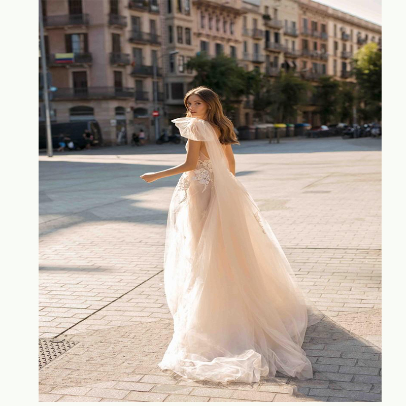 Sexy A-line Wedding Dresses Deep Bateau Neck Sleeveless One Shoulder Chiffon Lace High Waist Appliques Sequins Floor Length Boho Bridal Dress Bohemian