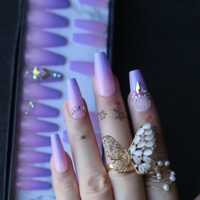 Middle length Coffin Lovely Ombre Violet Acrylic nails crystal Art False nalis Tips Press on nails Cute Custom private label box 220725