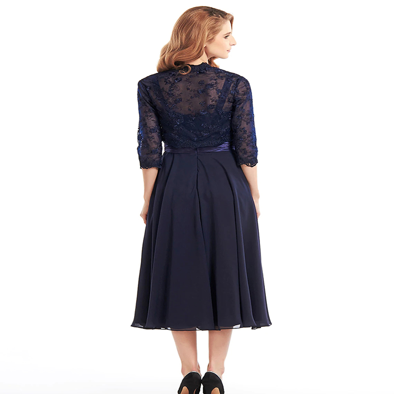 Navy Blue Mother of The Bride Dress With Lace Jacket Elegant Knee Length Chiffon Short Evening Party Dresses 2022 A Line Wedding Guest Wear Vestidos D