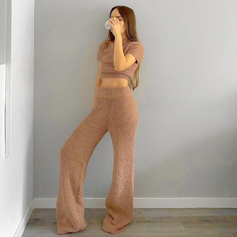 Fashion Fleece Fuzzy Cozy 2 Piece Pant Sets Women sexy Cross Tie Up Long Sleeve Crop Top and Pants Winter Clothes Loungewear 220315