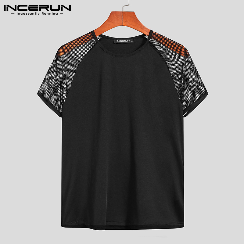 Fashion Men T Shirt Mesh Patchwork Streetwear Crew Neck Short Sleeve Casual Tee Tops Sexy Breathable Camisetas 5XL INCERUN D220611