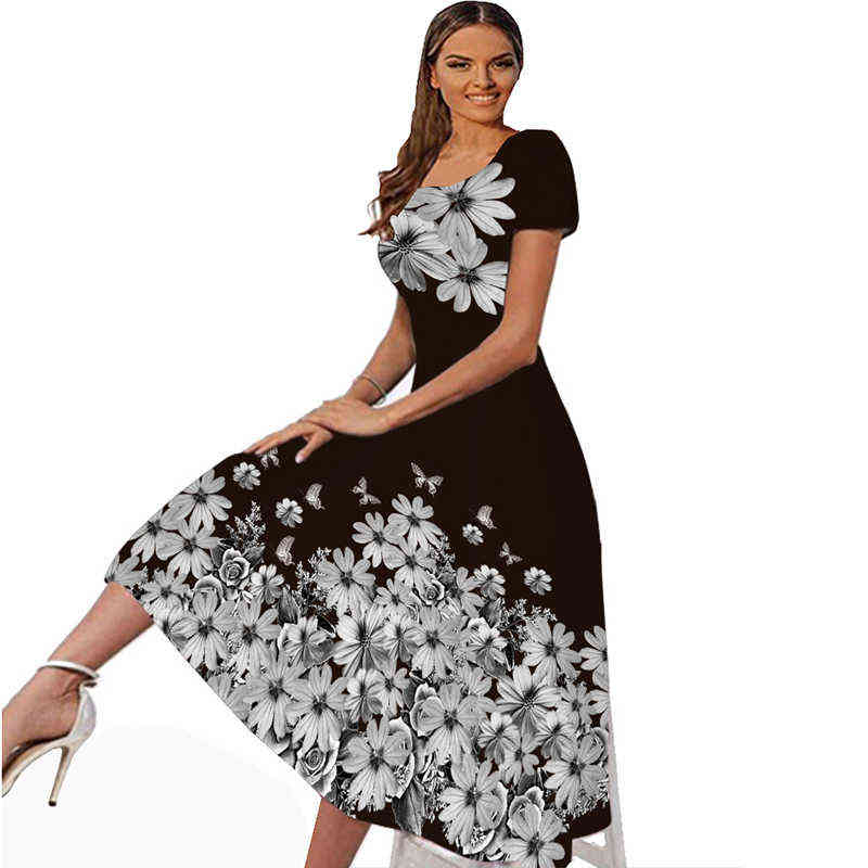 MKAKA 3D Flowers Print Dresses Women Elegant Slim Square Collar Short Sleeves Dress Beach Vestidos Spring Summer Long Dresses L220530
