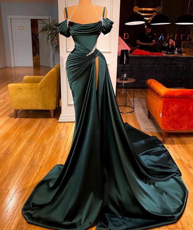 Hunter Green Mermaid Prom Formal Dresses with Long Tail 2022 Sexy High Slit Beaded Stain Off Shoulder Evening Reception Party gowns