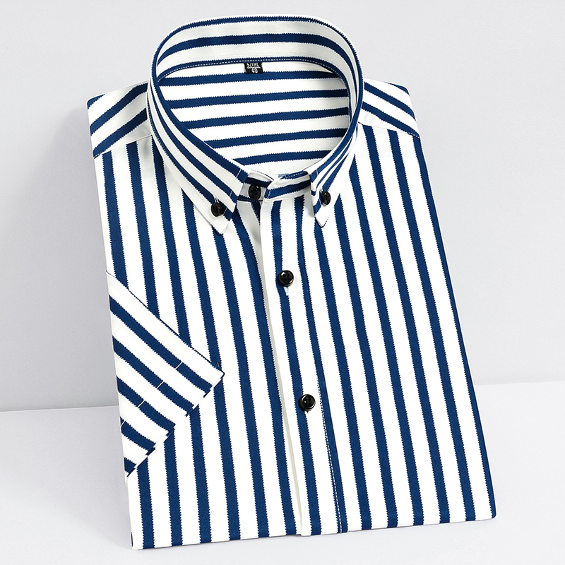 Short Sleeve Strech Striped Shirts for Men Summer Soft Business Mens Dress Shirt Casual Regular Fit Quality no Front Pocket 220322