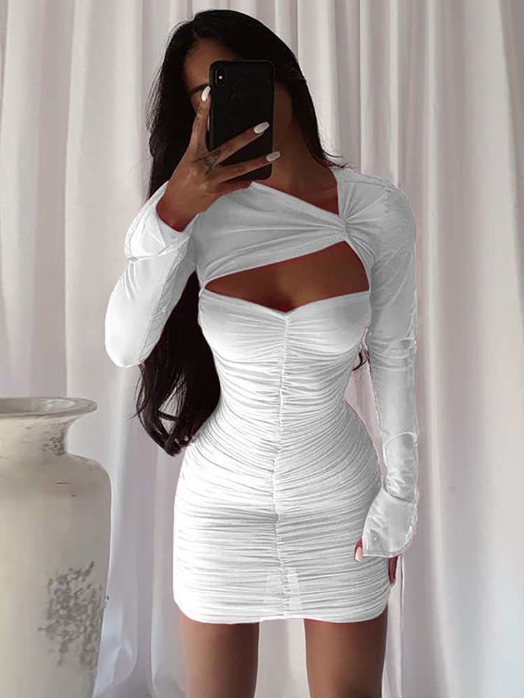 Asia Mesh White Dress See Through Hollow out Ruched Split Sleeve Lining 2 Layer Mini Bodycon Dresses Fall Sexy Party Vestidos 220511
