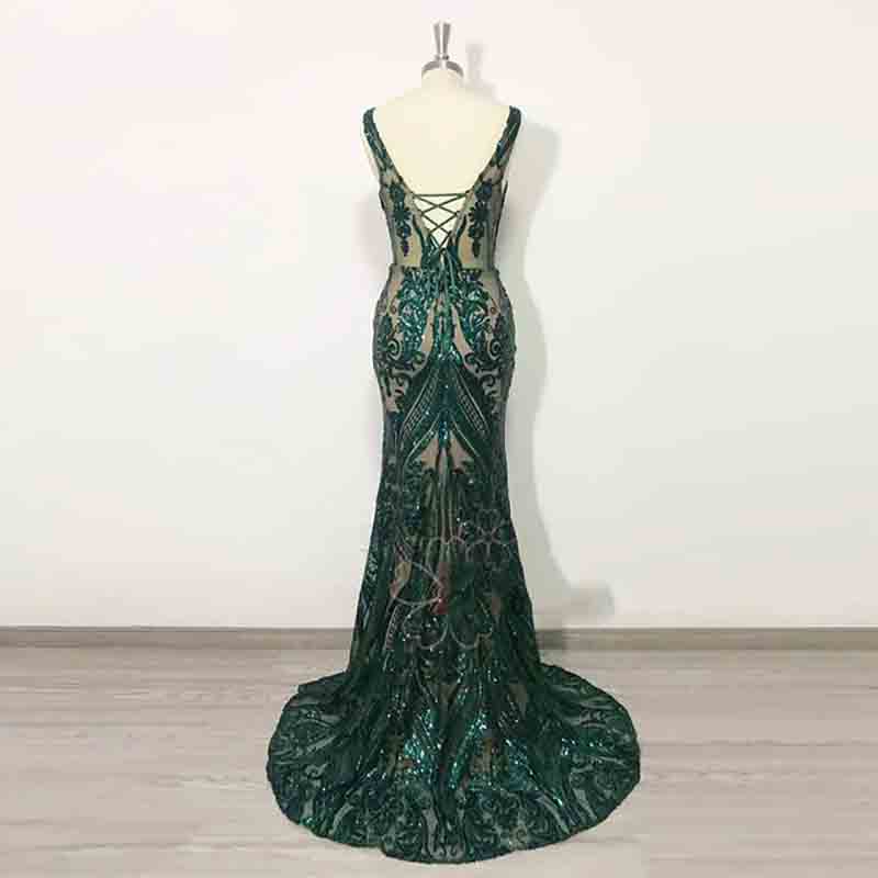 Sparkly Sequin Emerald Green Evening Dress With Detachable Train Arabic Dubai Mermaid Prom Dress 2 in 1 Plus Size V Neck Party African Women Vestidos 