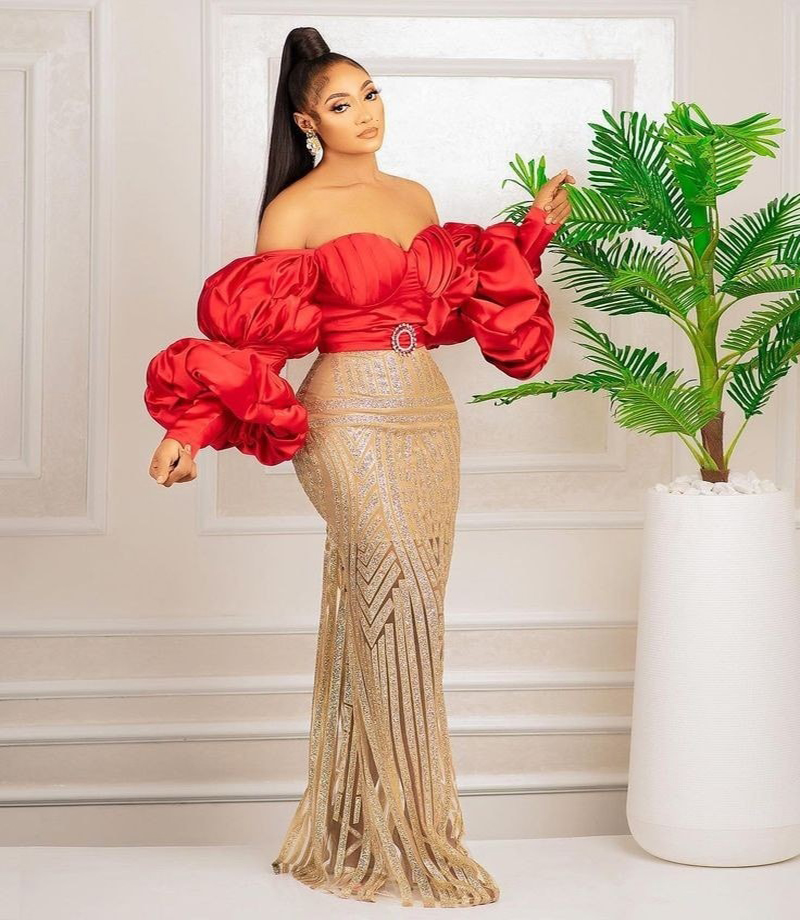 Luxury African Mermaid Evening Dress Red With Gold Sequin Plus Size Prom Dress Puff Sleeves 2022 Sweetheart Dinner Ceremony Party Formal Wear Special 