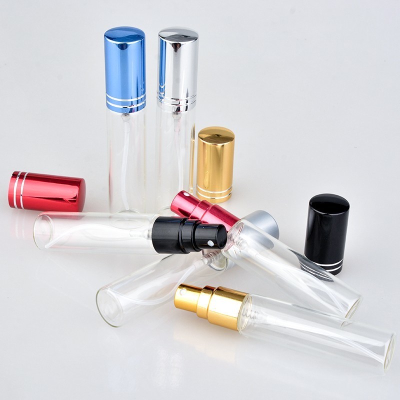20pcs/lot 5ML 10ML 15ML Transparent Thin Glass Spray Bottle Sample Glass Vials Portable Mini Perfume Atomizer Gold Sil 220711