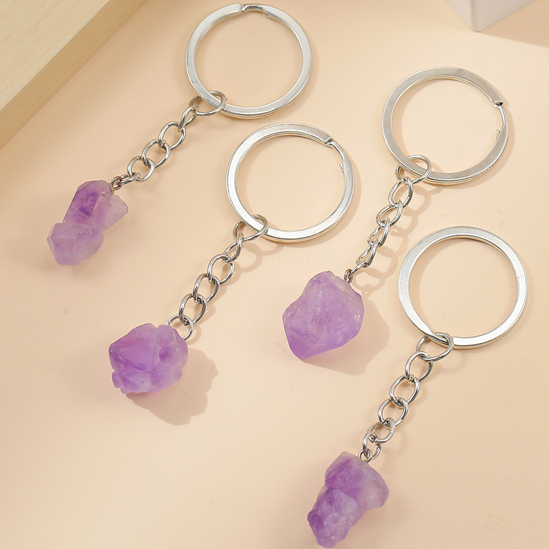 Natural Stone Amethyst Crystal Key ring KeyChain Pendant Keyrings Bag Accessories Jewelry