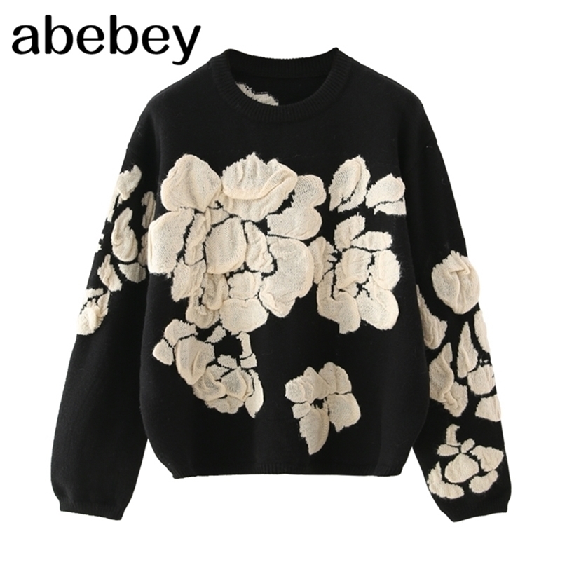 Autumn Winter Floral Print Sweater Women Knitted Pullover Femme Sweaters High Quality Knitted Oversize black Sweater Jumper 201224