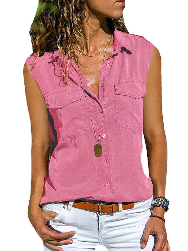 Womens Cotton Tops Blouses Autumn Sleeveless Solid V-Neck Office Blouse Female Work Women Button Up Shirt Plus Size 8XL 220407Z