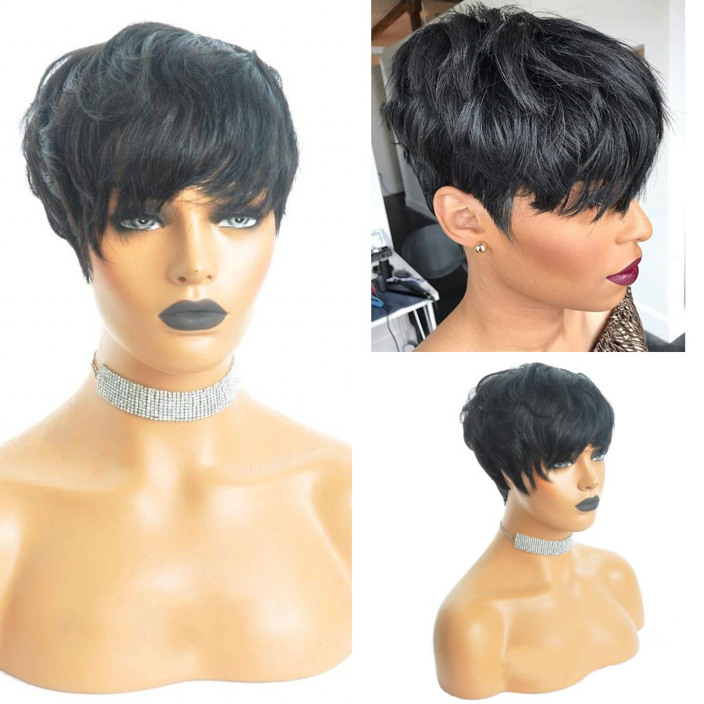 Red Burgundy 99J Ombre Color Short Bob Pixie Cut Brazilian Human Hair Wigs With Bangs For Black Women