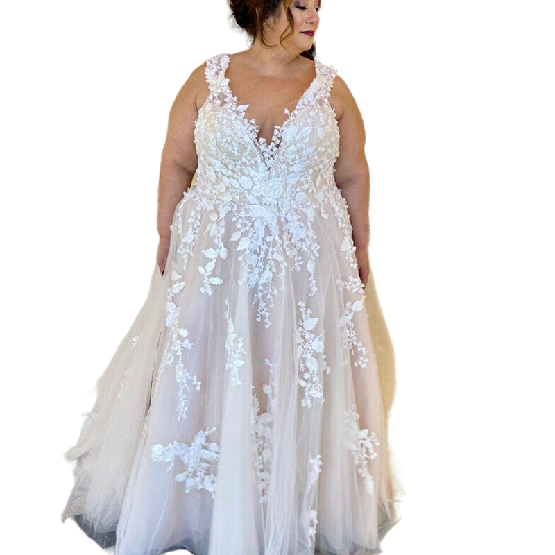 Plus Size 3D Floral Appliques Wedding Dress A Line Blush Pink Bridal Gowns Sleeveless V-neck Boho Beach Bride Dresses 2022 Romantic Long Tulle Robe De