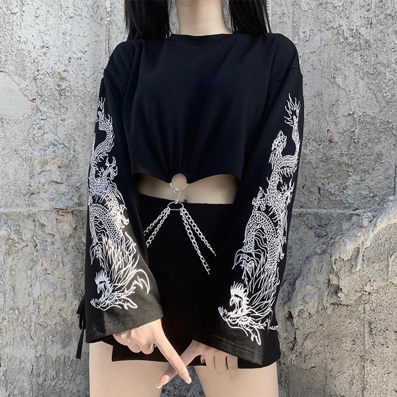 Women' Hoodies & Sweatshirts Women Harajuku Gothic Dragon Print Chain Pullovers Black Cool Loose O-neck Long Sleeve Short Streetwear Fashio
Women' Hoodies & Sweatshirts Women Harajuku Gothic Dragon Print Chain Pullovers Black Cool Loose O-neck Long Sleeve Short Streetwear Fashio