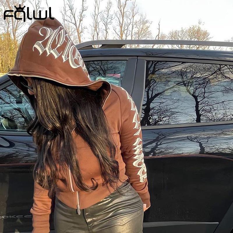 FQLWL Fall Streetwear Loose Zip Up Hoodie Women Sweatshirts Long Sleeve Top Black Jacket Brown Graphic Sweatshirt Hoodies Women 220721