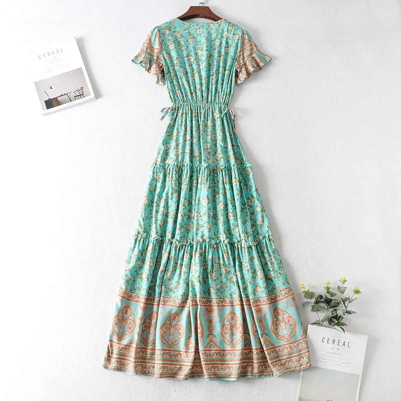 BOHO Covered Button V neck Floral print Bohemia Dress Summer Ethnic Woman Short Sleeve Tie Bow Strappy Maxi Long Dresses 220511