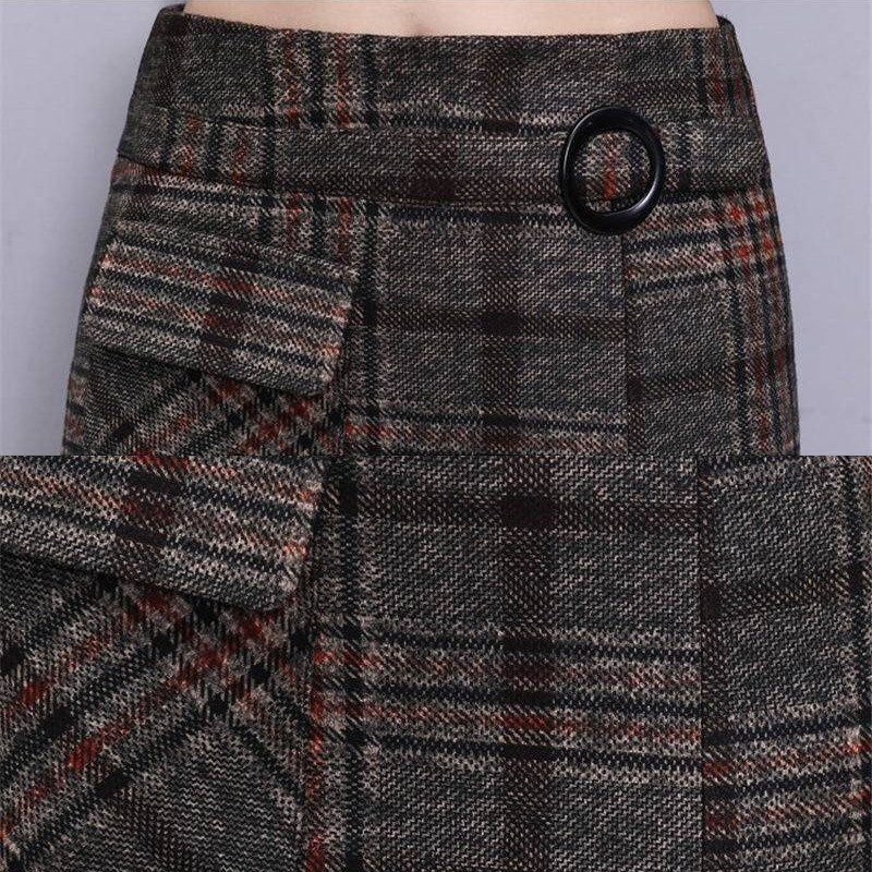 Elegant Retro Female Hight Waist Woolen Long Plaid Skirt Women Casual Straight Vintage Fashion Maxi Jupe Longue Femme Slim 220317