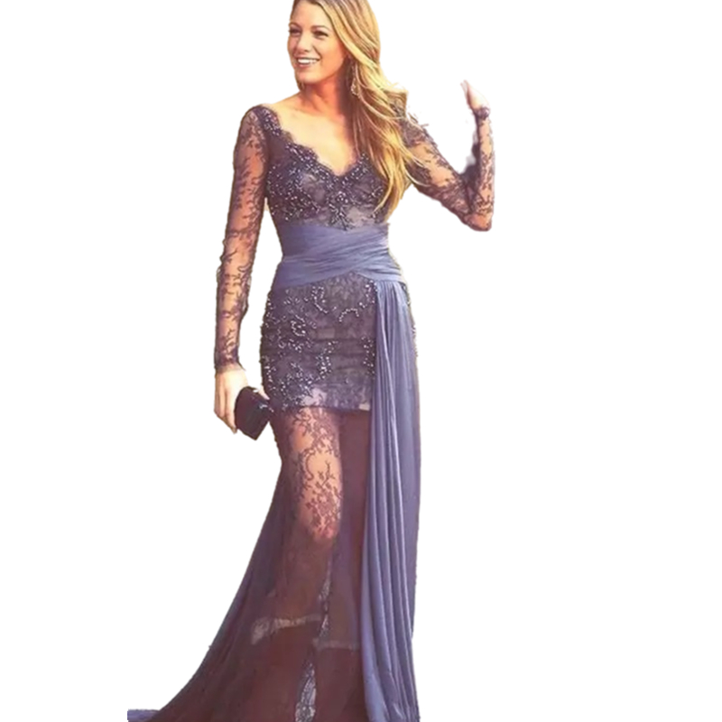 Gossip Girl Gray Lace Long Sleeves Prom Dresses Beaded Illusion Formal Evening Gowns Sexy Sheer Celebrity Dress Deep V-Neck Special Occasion Dress Red