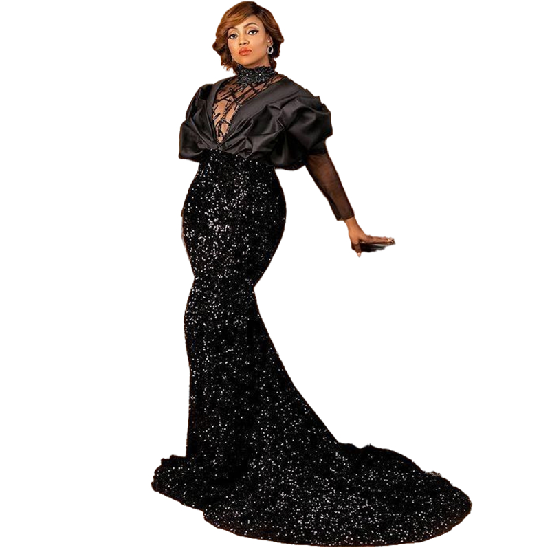 Aso Ebi Puffy Long Sleeve Mermaid Evening Dresses Sparkly Black Sequined Formal Event Gowns High Collar Glitter Prom Dress Plus Size African Special O