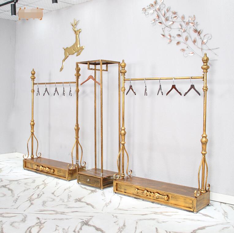 Clothing rack floor type cloth shop rack Commercial Furniture European iron retro display racks hanging clothes shelf gold bronze