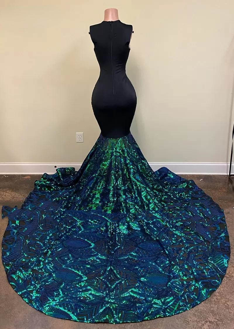 Emerald Green Sparkly Sequin Long Mermaid Prom Dresses 2022 Sleeveless African Black Girls Mermaid Formal Evening Gala Gowns
