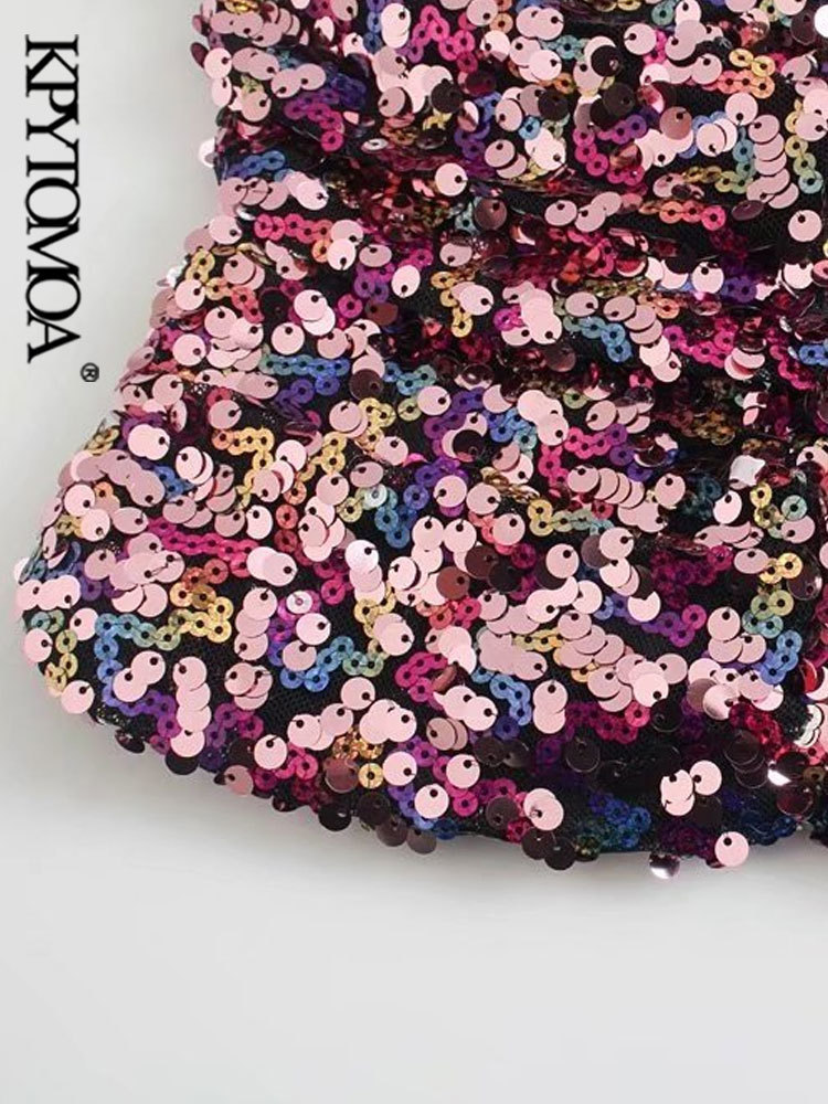 KPYTOMOA Women Sexy Fashion Shiny Sequin Crop Tank Tops Vintage Sweetheart Neck Back Elastic Female Camis Mujer 220325