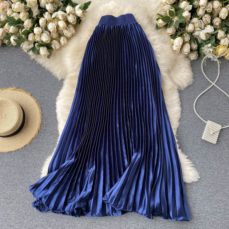 Croysier High Waist Long Skirts Womens Maxi Pleated Women Clothing Elegant Office Lady Fashion Metallic Satin 220317