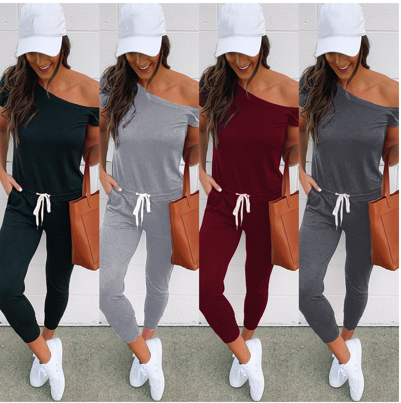 Autumn women's fashion pop off shoulder short sleeve pocket lace up diagonal shoulder Jumpsuit, Gray
Autumn women's fashion pop off shoulder short sleeve pocket lace up diagonal shoulder Jumpsuit, Gray