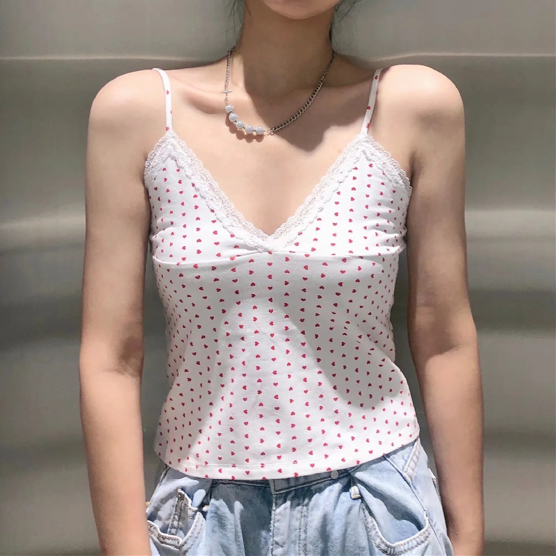 PUWD Women White Lace Tanks Spring Fashion Ladies Vintage Slim V Neck Sweet Sling Camis Girls Cute Red Love Y2K Crop Tops 220325