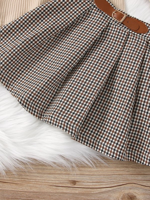 Toddler Girls Turtleneck Lantern Sleeve Sweatshirt & Plaid Print Buckle Skirt SHE